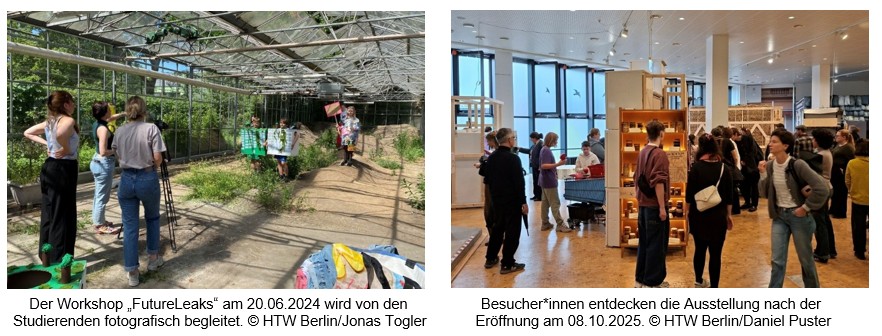 Links: Fotografische Begleitung des Workshops„FutureLeaks“ im Juni 2025. © HTW Berlin/ Jonas Togler; Rechts: Besucher:innen entdecken dieAussetellung nach der Eröffnung am 08.10.2025. © HTW Berlin / Daniel Puster