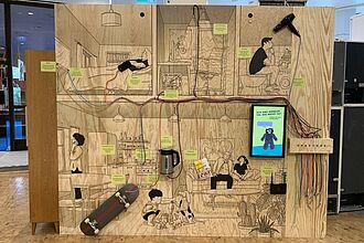 An der Energiewand lässt sich feststellen, wie hoch der persönliche Stromverbrauch bei Benutzung verschiedener Geräte ist. Inhalte dieses Bereichs recherchierten und konzipierten MMK-Studierende des ersten Jahrgangs. © HTW Berlin/ Charlotte Terzer